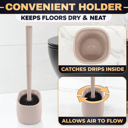 Silicone Toilet Brush and Holder Set - Cream RV Toilet Brush with Holder, Flexible Head, Soft Bristles, Detachable Handle and Freestanding Base, Compact Bathroom Cleaning Tool with Minimalistic Design