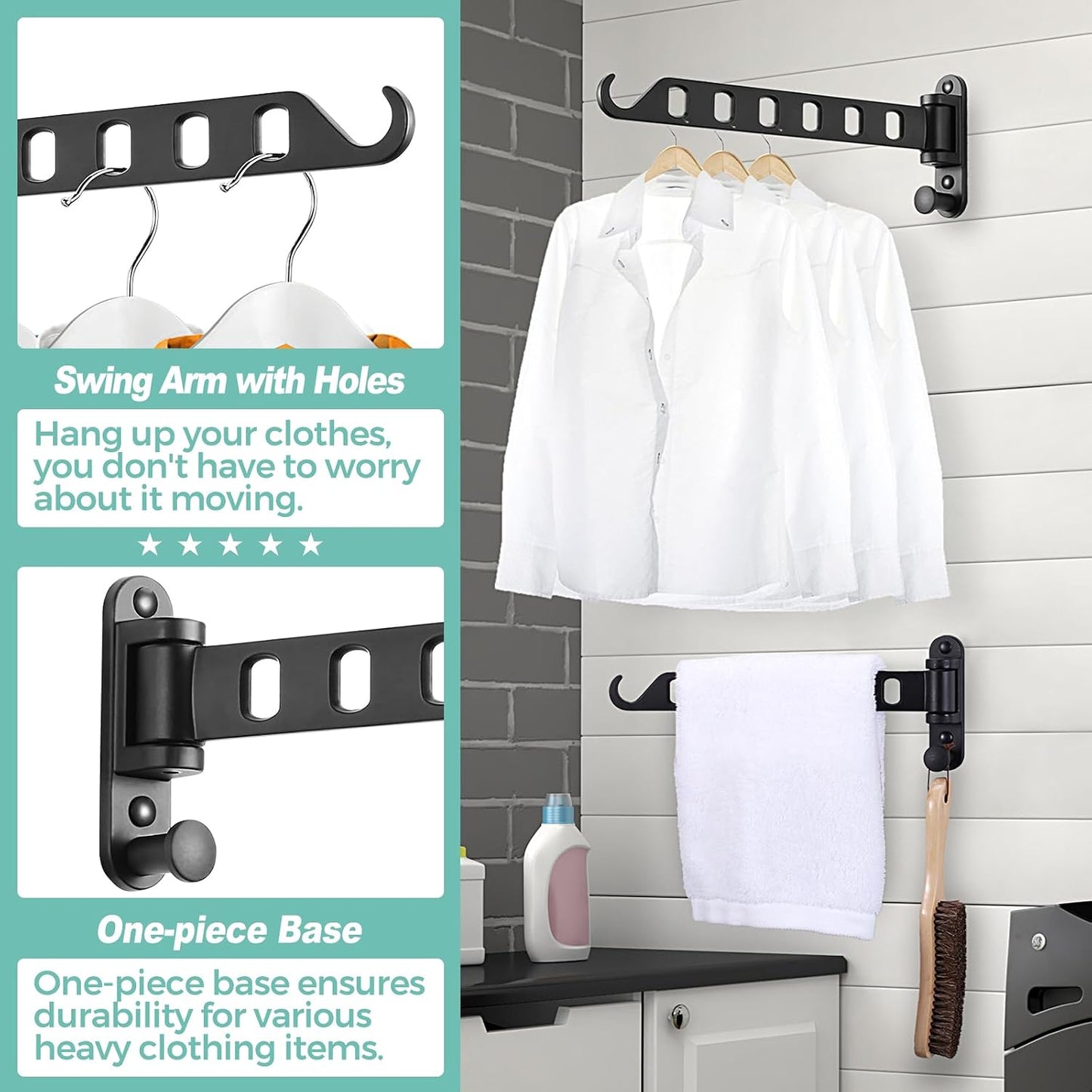 Wall Mounted Clothes Hanger with Swing Arm - 8-Hole Laundry Room Drying Rack | 180° Rotation & Space Saving for Hanging Clothes | Swing Away Coat Hanger | Aluminium(2-Pack, White)