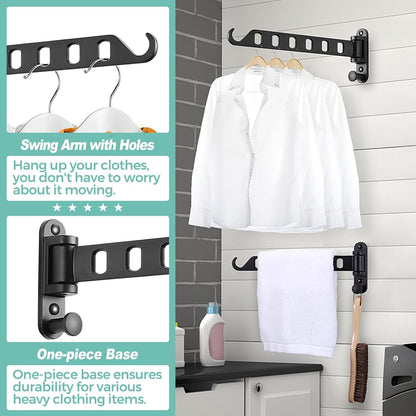 Wall Mounted Clothes Hanger with Swing Arm - 8-Hole Laundry Room Drying Rack | 180° Rotation & Space Saving for Hanging Clothes | Swing Away Coat Hanger | Aluminium(2-Pack, White)