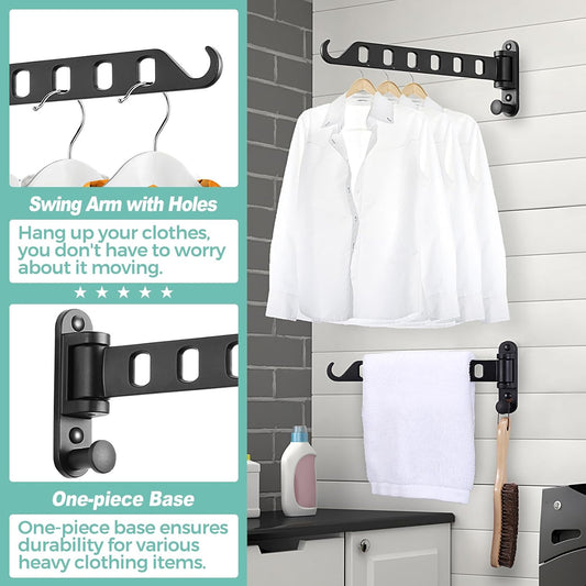 Wall Mounted Clothes Hanger with Swing Arm - 8-Hole Laundry Room Drying Rack | 180° Rotation & Space Saving for Hanging Clothes | Swing Away Coat Hanger | Aluminium(2-Pack, White)