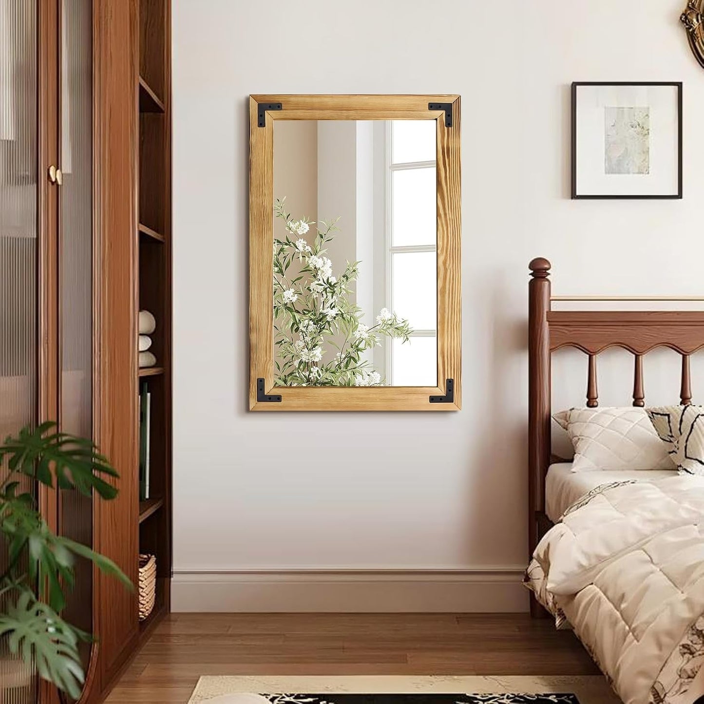 55"x22" Full Length Mirror with Wooden Frame，Natural Wooden Standing Mirror, Solid Wood Frame, Hanging or Leaning Wall-Mounted, Suit for Farmhouse, Living Room, Bedroom (Light Brown)