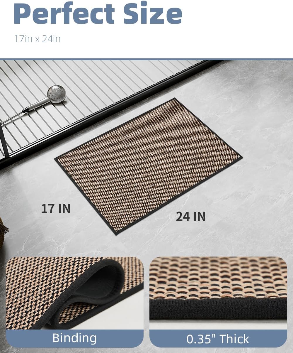 PADOOR Non-Slip Bath Mat With Rubber-Backing, Braided Absorbent Machine Washable Thin Rug for Bathroom Floor, Quick Dry, Fits Under Door, 17''x24'' Beige