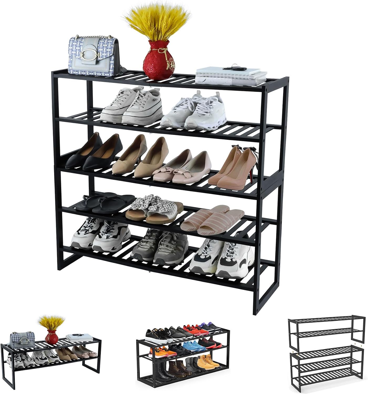 Jripae 5 Tier 32.5*10.5*30.3in Bamboo Shoe Rack for Closet Entryway Bedroom | Stackable Shoe Shelf Holder for Men/Women Hallway/Garage, Bookshelf, Flower Rack, Home Space Saving