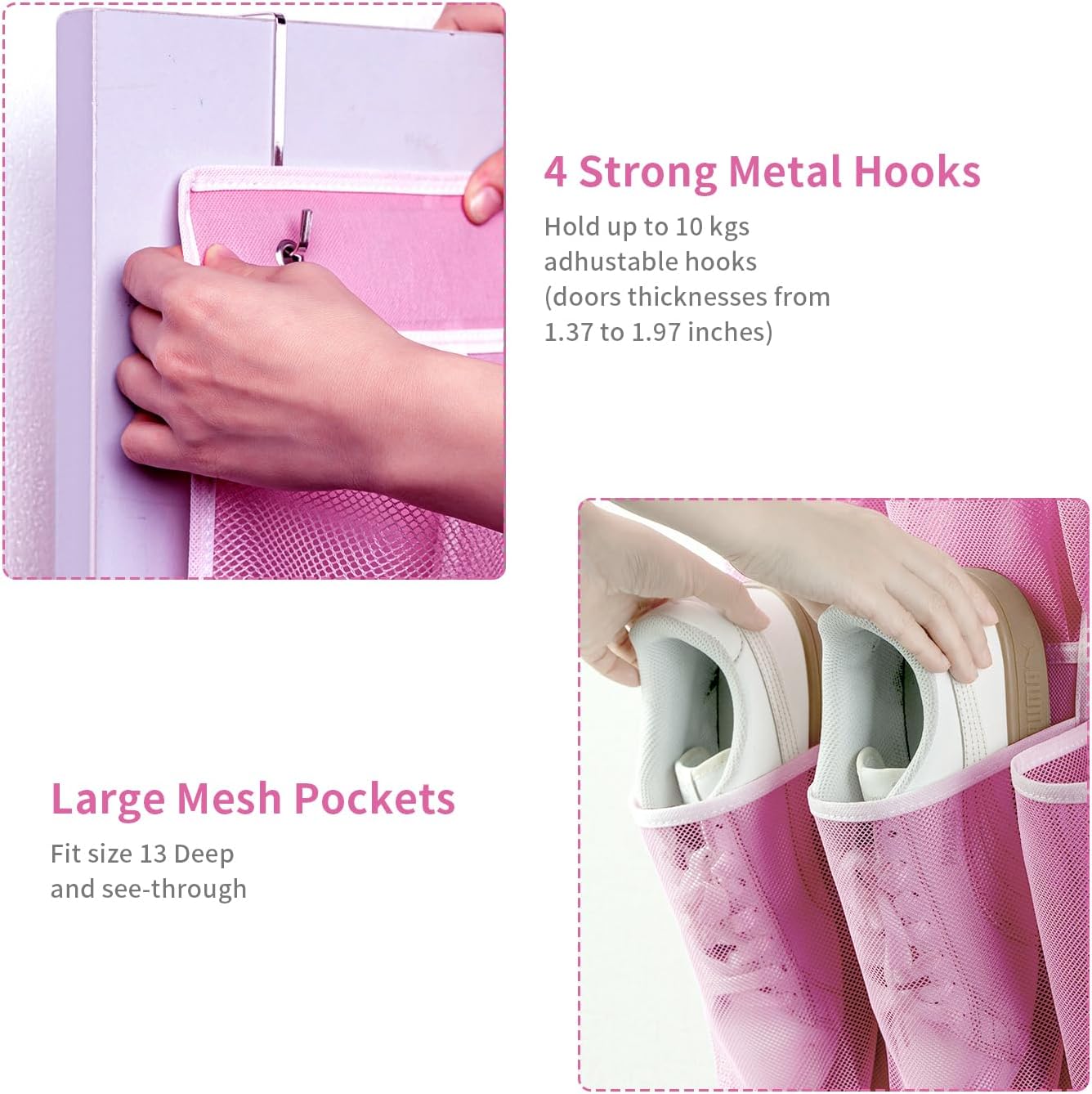 SAVERHO 35 Pockets Over the Door Shoe Organizer, Hanging Shoe Organizer for Door with 35 Mesh Pockets Large Capacity Shoe Hanging Storage Bag with 4 Metal Hooks (White-1Pack)