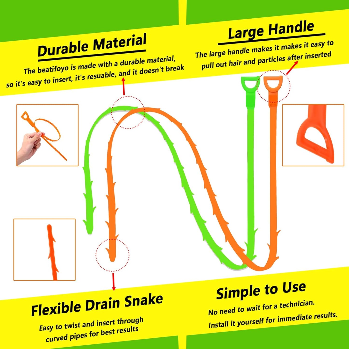 Drain Snake, Drain Clog Remover,Hair snake Tool Opener, sink snake for Sewer Kitchen Sink Bathroom Tub Toilet Clogged Drains Relief Cleaning Tool(1pc 25 Inch +1pc 20inch)