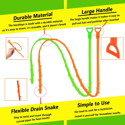 Drain Snake, Drain Clog Remover,Hair snake Tool Opener, sink snake for Sewer Kitchen Sink Bathroom Tub Toilet Clogged Drains Relief Cleaning Tool(1pc 25 Inch +1pc 20inch)