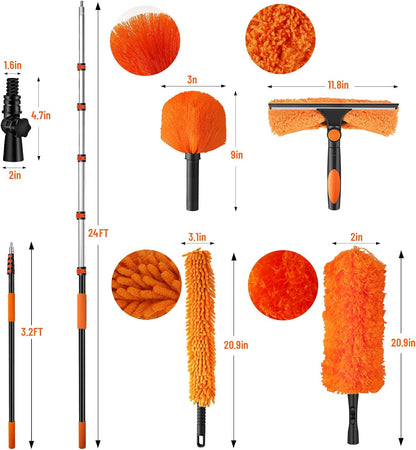 20ft High Reach Duster Kit with Extendable Pole (5-12ft),High Ceiling Duster Kit Includes–Ceiling Fan Blade Cleaner, Cobweb Remover, Bendable Duster, Microfiber Glass Scrubber & Squeegee & Swivel Head