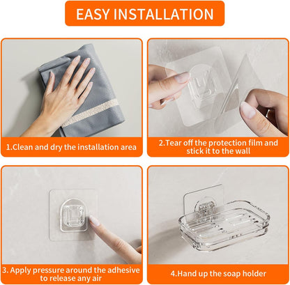 Bar Soap Dish 2 Pack,Self Draining Soap Holder for Shower,Wall Mounted Soap Saver with Strong Adhesive, No Drilling Clear Plastic Holder for Bathroom Storage & Kitchen Sink Organizer,Keeps Soap Dry