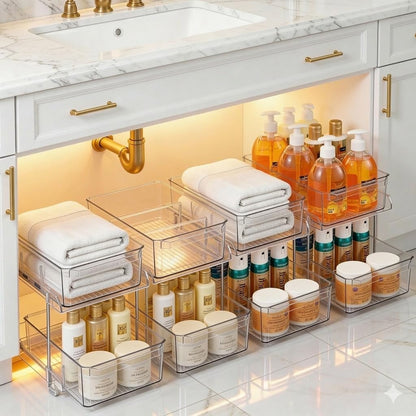 Masirs 2-Tier Clear Pull-Out Drawer Organizer - Sleek, Compact & Sturdy Makeup and Closet Organizer - Easy Assembly Kitchen Storage Solution, Ideal for Makeup, Tools, Medicines & Snacks