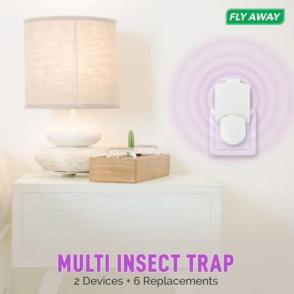 Fly Away Indoor Fly Trap Plug-in (2 Pack) with 6 Refills – Catches Fruit Flies, Gnats & Small Flying Insects – Silent, Non-Toxic Sticky Trap with UV Light