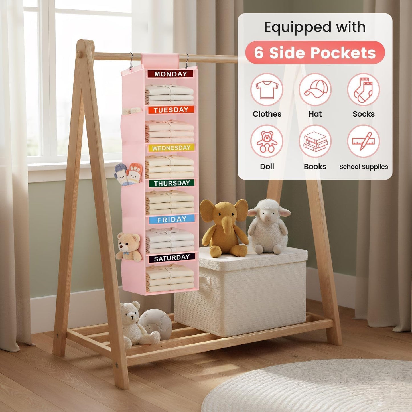 Weekly Clothes Organizer for Kids, 5-Shelf Kid Hanging Closet Organizer w/ 6 Side Pockets, Labeled Weekly Outfit Organizer for Kids, Days of The Week Clothes Organizer Monday Through Friday White