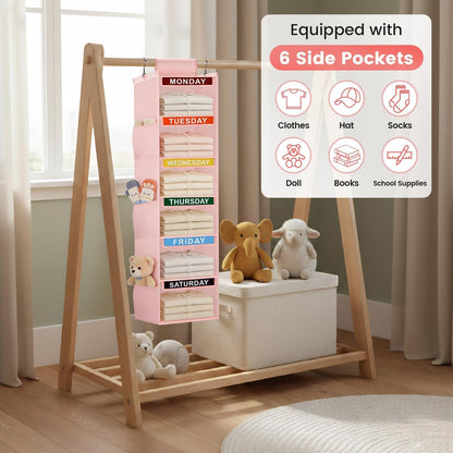 Weekly Clothes Organizer for Kids, 5-Shelf Kid Hanging Closet Organizer w/ 6 Side Pockets, Labeled Weekly Outfit Organizer for Kids, Days of The Week Clothes Organizer Monday Through Friday White