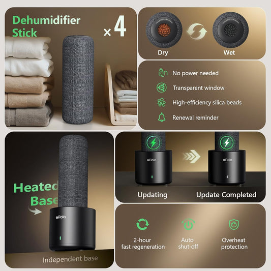 Afloia Rechargeable Cordless Gun Safe Dehumidifier with Heating Base, Mini Quiet Portable Dehumidifier for Spaces Like Room, Bathroom, Closet, Car, RV, Boat, TOPZ 4+1