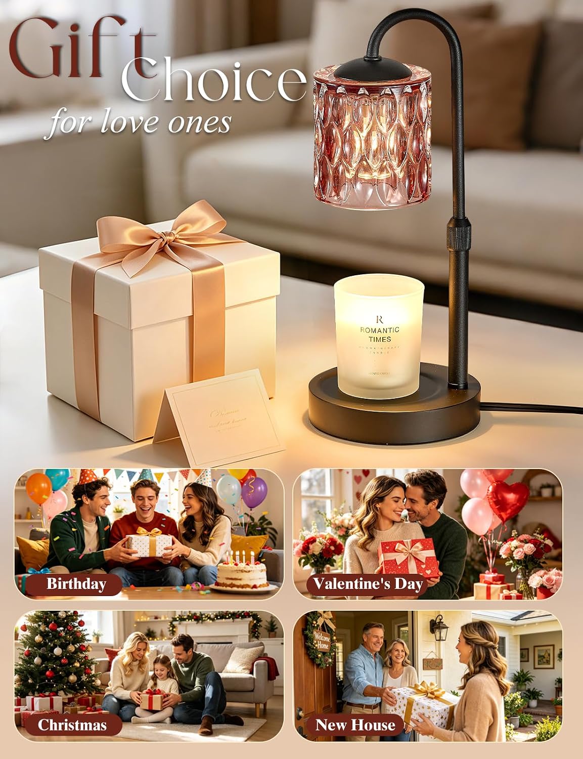 Briever Dimmable Candle Warmer Lamp with Timer, Height Adjustable Electric Candle Wax Warmer, Christmas Birthday Gifts for Women Mom, House Warming Gifts New Home Room Decor, Walnut Solid Wood Base