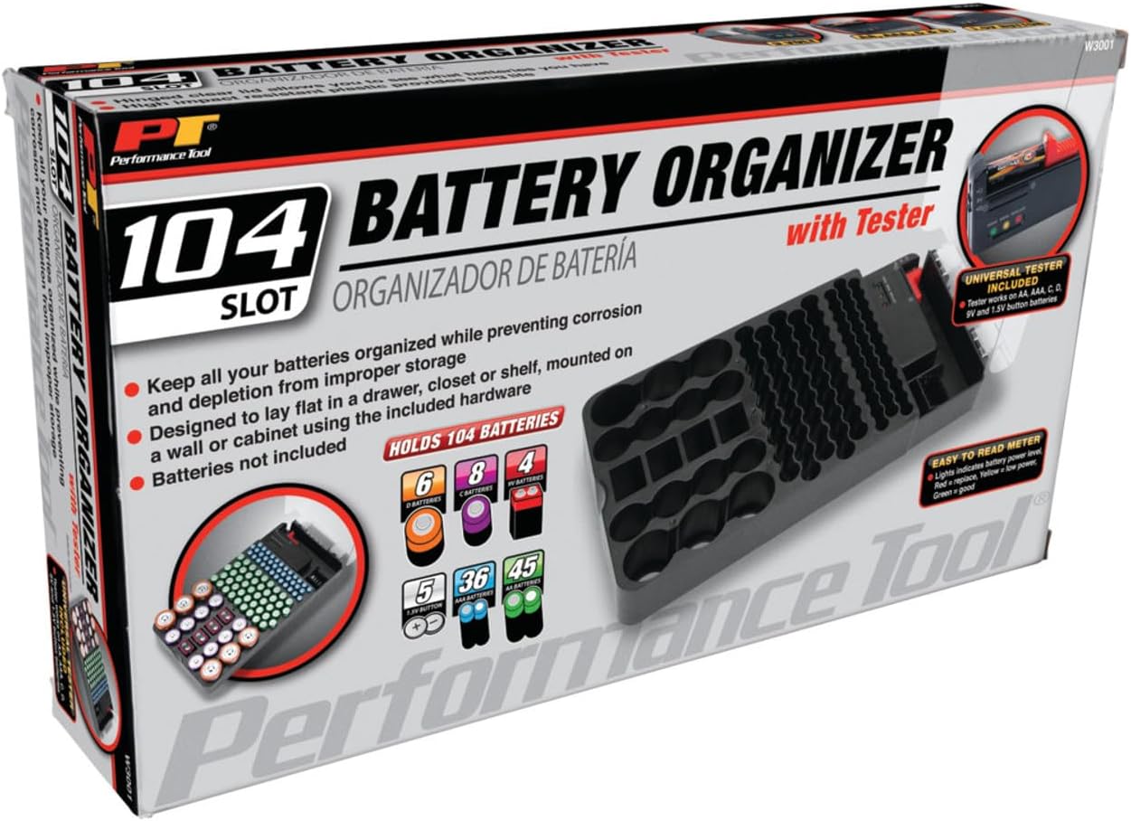 Performance Tool W3001 104 Slot Battery Organizer with Removable Tester - Keep Your Batteries Neatly Stored and Corrosion-Free