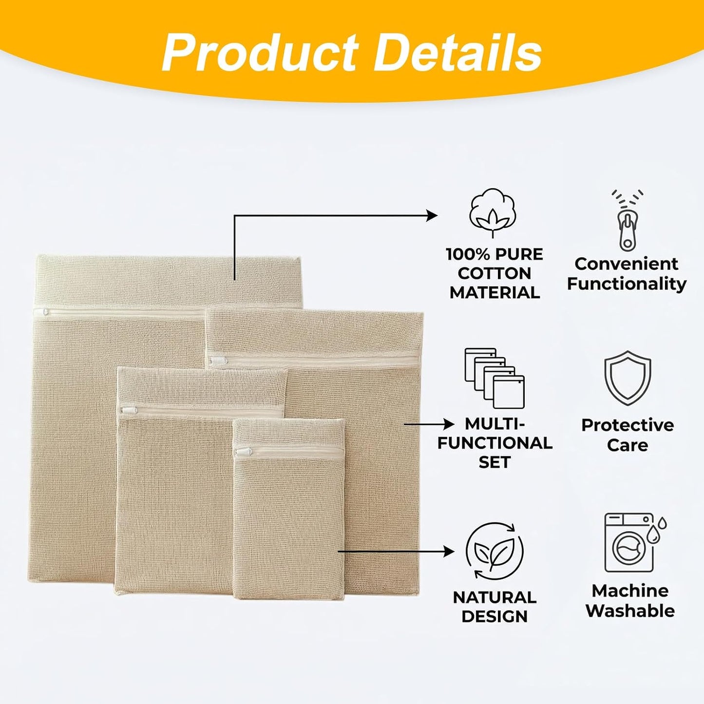 4-Piece 100% Cotton Mesh Laundry Bags, Premium Soft No-Dye Natural Delicate Bags with Sturdy Zippers, Breathable for Underwear, Socks, Clothes & Pants