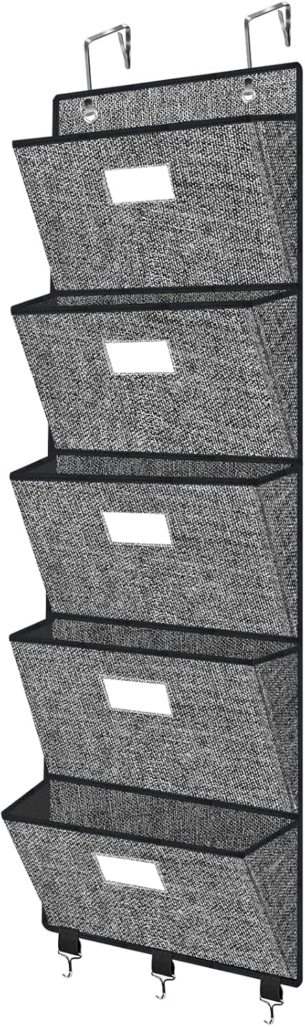 homyfort Over the Door File Organizer, Wall Hanging File Folders with 5 Large Pocket for Mails, Magazines, Back to School Supplies,Office Chart Storage, Paper Organization (Grey)