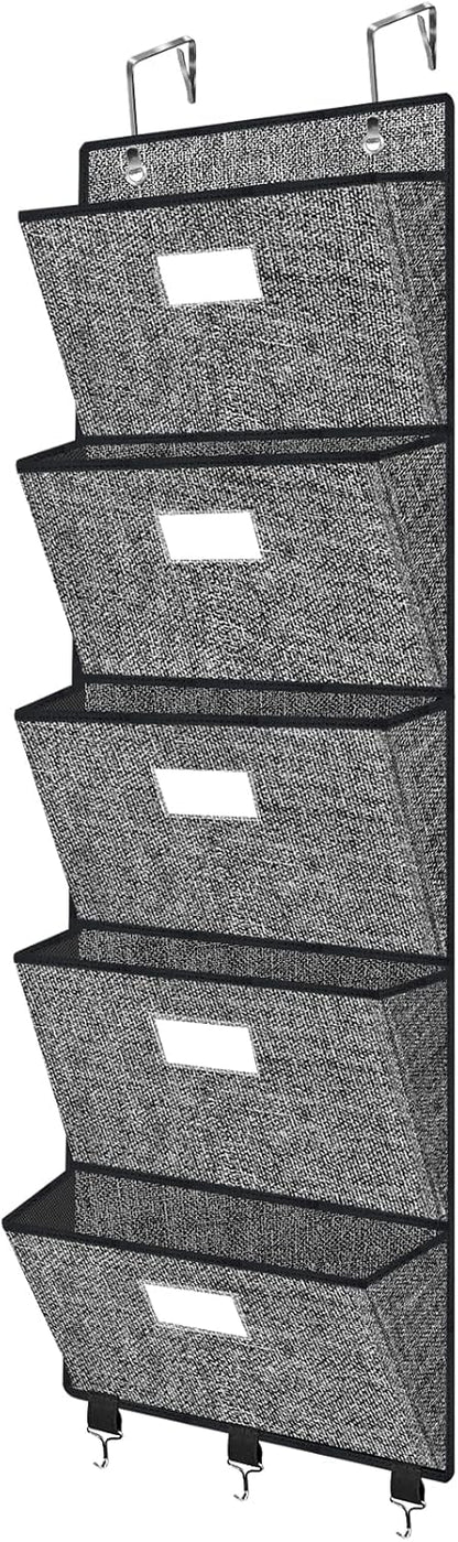 homyfort Over the Door File Organizer, Wall Hanging File Folders with 5 Large Pocket for Mails, Magazines, Back to School Supplies,Office Chart Storage, Paper Organization (Grey)