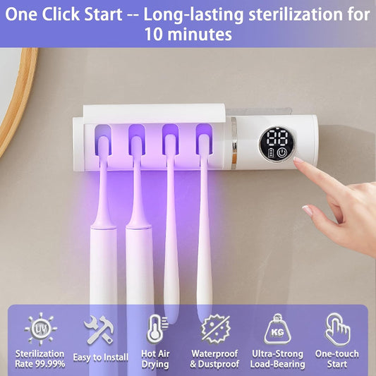 Wall Mounted Toothbrush Holder, Electric Smart Toothbrush Holders with Cleaning & Drying, 4 Toothbrush Slots Cleaner Case with Dust Cover, Toothbrush Organizer for Bathroom (White)