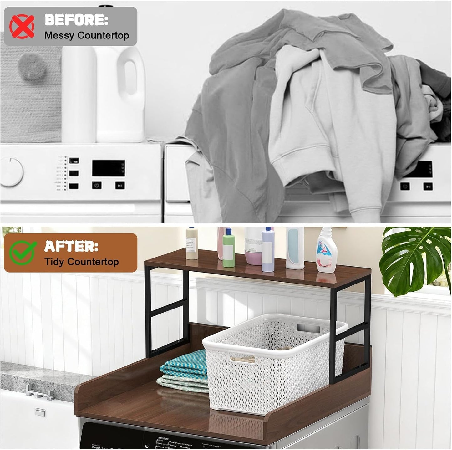 Washer Dryer Countertop with Guardrails, Heavy Duty Laundry Room Counter Top with Anti-Slip Strips & Storage Space, Waterproof Over Washer Dryer Shelf for Laundry Room Organization Black