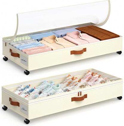 Yecaye Under Bed Storage with Wheels, 2 Pack Under Bed Storage Containers with Adjustable Dividers & Clear Lid, Rolling Underbed Organizer Bins Drawer for Clothes, Shoes, Blankets(30.3 x 16 x 6.7in)
