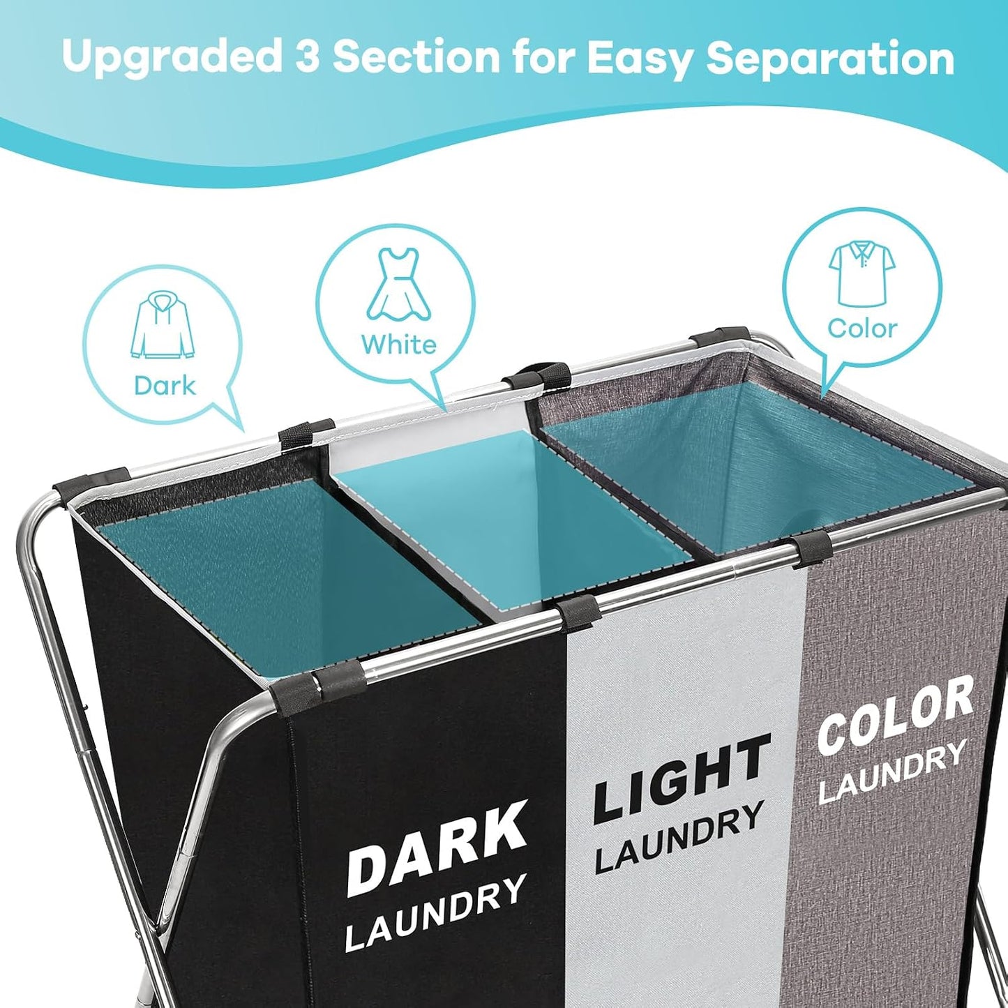 135L Laundry Cloth Hamper Sorter Basket Bin Foldable 3 Sections with Aluminum Frame 26''×24''H Washing Storage Dirty Clothes Bag for Bathroom Bedroom Home Storage Basket (Black+light grey+dark grey, 3