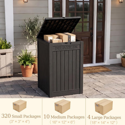 Outdoor Storage Box, 90 Gallon Package Delivery Boxes for Outside, with Lockable Secure, Deck Box Outdoor Waterproof for Entryway, Front Porch, Backyard, Garden, Patio, Lawn, Black