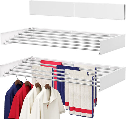 Wall Mounted Drying Rack 31.5", Foldable Laundry Drying Rack with Stainless Steel Rods, Retractable Laundry Space Saver for Indoor & Outdoor Use, Include Wall Template