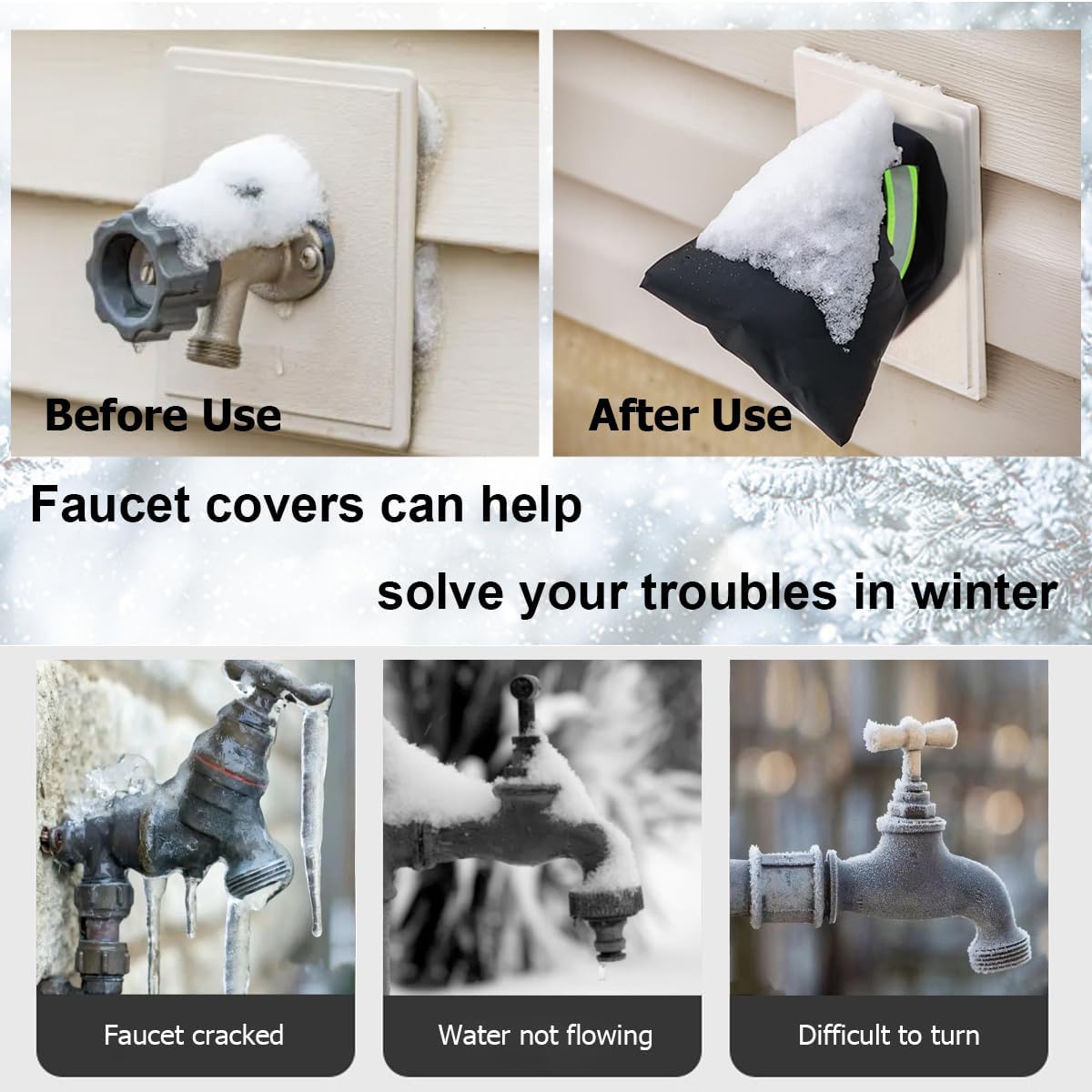 Outdoor Faucet Covers for Winter Freeze Protection, Upgraded Thicken 8.3" H x 6.7" W Outside Garden Faucet Socks for Winter Waterproof Reusable Hose Bibs Insulated Spigot Cover, 2 Pack Black