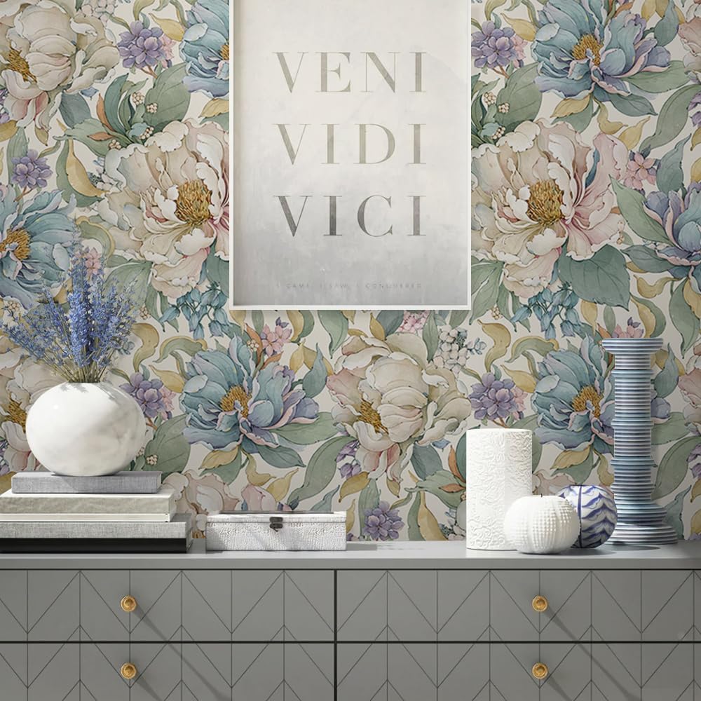 MuralPeel White Poppies Floral Modern Grey Peonies Flowers Peel and Stick Wallpaper Self Adhesive Removable Easy Peel Off Stick on Wall Paper for Bedroom Renter