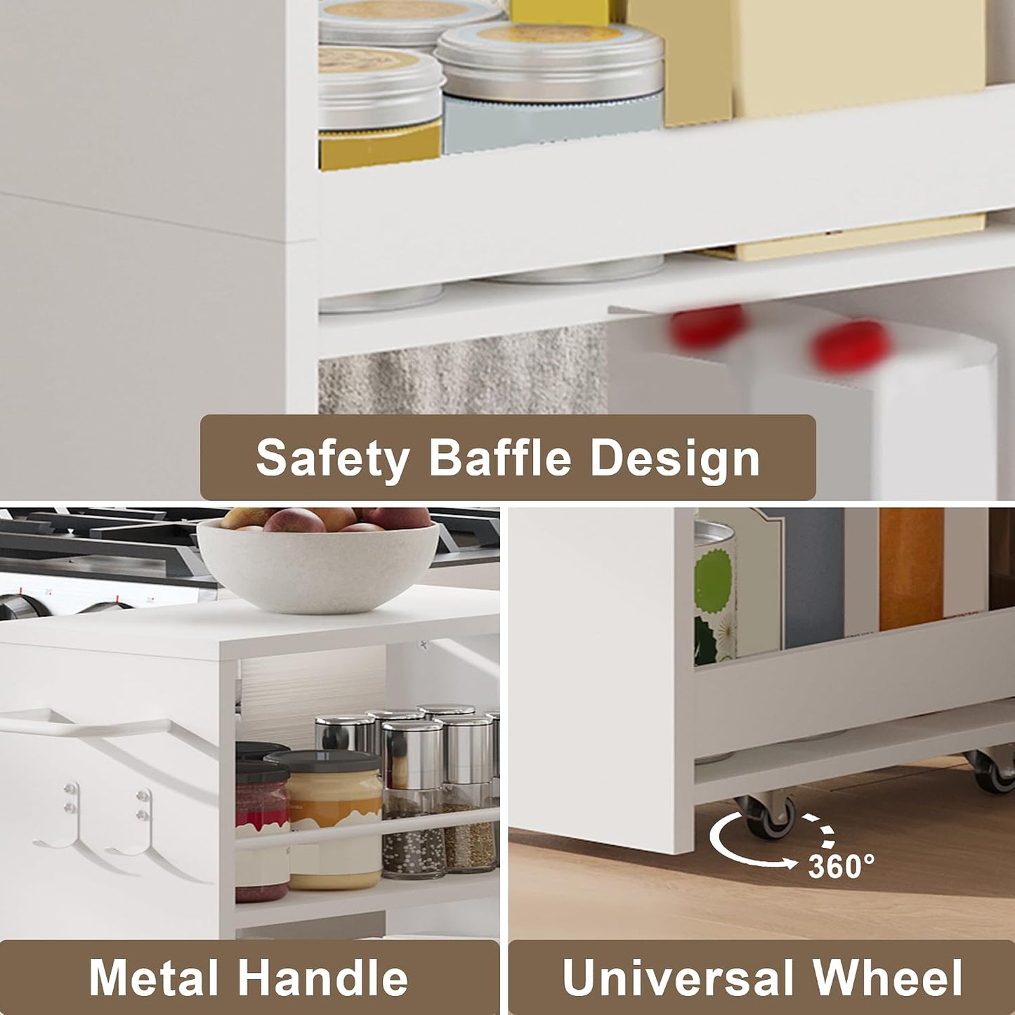 ChooChoo 4-Tier Slim Storage Cart, 7.87 inches Wide Narrow Storage Cabinet with 360° Wheels and 2 Hooks, Space-Saving Organizer for Kitchen, Narrow Places, Dining Room, Walnut+White