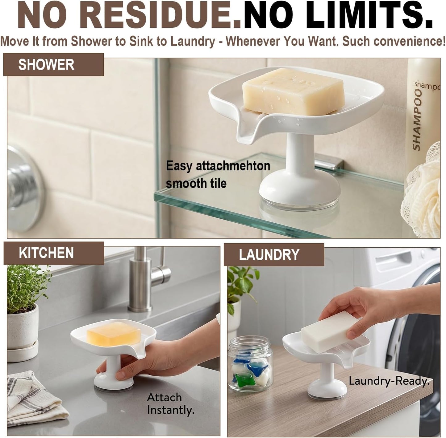 1PCS Self Draining Soap Dish with Suction Cup, Soap Holder for Shower, Bathroom, Sponge Holder for Kitchen Sink, Removable No Damage Stand Bar Soap Tray with Drain Spout Keeps Clean & Dry, White