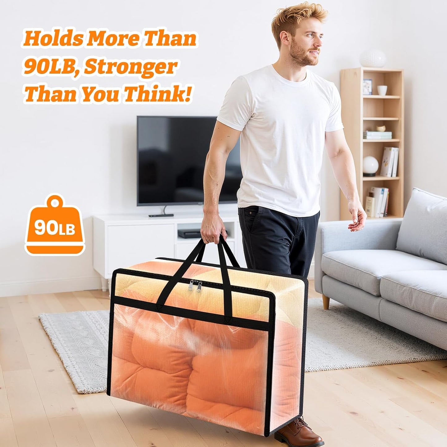 BlissTotes 4 Pack Clear Clothes Storage Bags, Moving Bags, Foldable Blanket Storage Under Bed Storage Containers with Sturdy Zipper and Handle for Clothing, Comforter, Bedding, Sheet (40L)