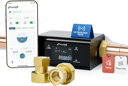 Frizzlife LP365-P Smart Water Monitor and Automatic Shutoff - 0.01 GPM Ultrasonic Micro Leak Detection, Wi-Fi / APP Control, Pressure+Flow Monitoring, 24/7 Water Usage Reports, Fits 3/4" and 1"