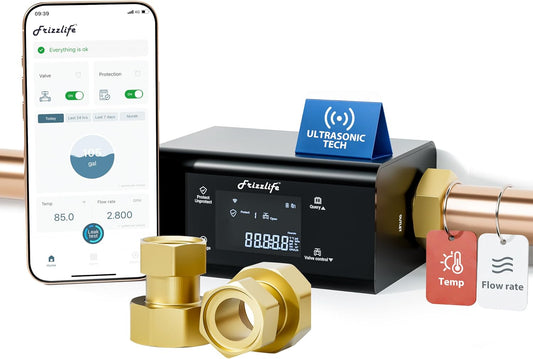 Frizzlife LP365-P Smart Water Monitor and Automatic Shutoff - 0.01 GPM Ultrasonic Micro Leak Detection, Wi-Fi / APP Control, Pressure+Flow Monitoring, 24/7 Water Usage Reports, Fits 3/4" and 1"