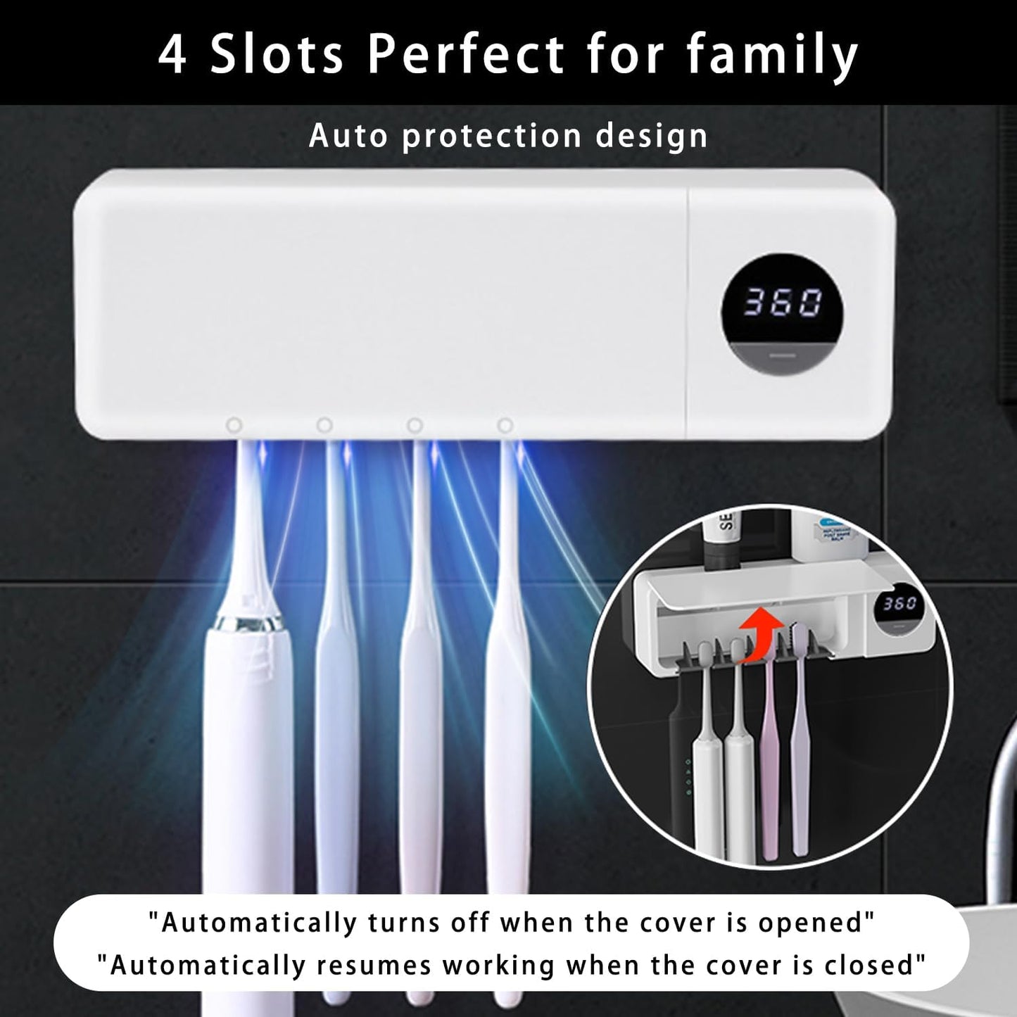 Cordless Toothbrush Holder, Toothbrush Cleaner with 4 Slots & 360s Timer Function, No-Drill Rechargeable Wall-Mounted Toothbrush Holders for Bathroom Family, White