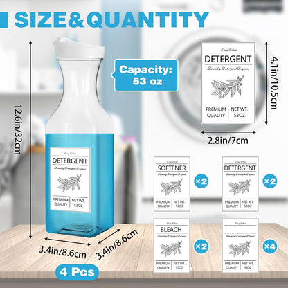4 Pack Laundry Detergent Dispenser, 53oz Liquid Fabric Softener Dispenser,Plastic Laundry Detergent Containers with 10 PCS Label,White Lid