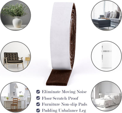 Pllieay 2 Pack Felt Strip Rolls with Adhesive Backing Heavy-Duty Felt Furniture Pads for Hardwood Floors and Rocking Chair to Protect Surface from Scratches & Damage(Brown, 118 x 2 x 0.12 Inch)