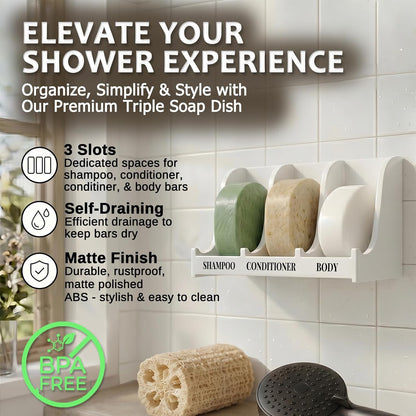 Soap Holder for Shower Wall, 3-Compartment Soap Dish for Shampoo, Conditioner and Body Soap, Fast Draining & Rust-Proof & Heavy Duty, Ultra-Strong Adhesive for Long-Term Bathroom Use & Freestanding