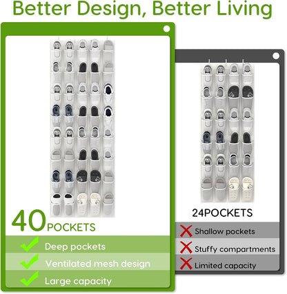 Over the Door Shoe Organizer with 40 Large Breathable Mesh Pockets, Space Saving Shoe Holder, Hanging Shoe Rack for Entryway Bedroom Closet Storage (White, 40 Pockets)