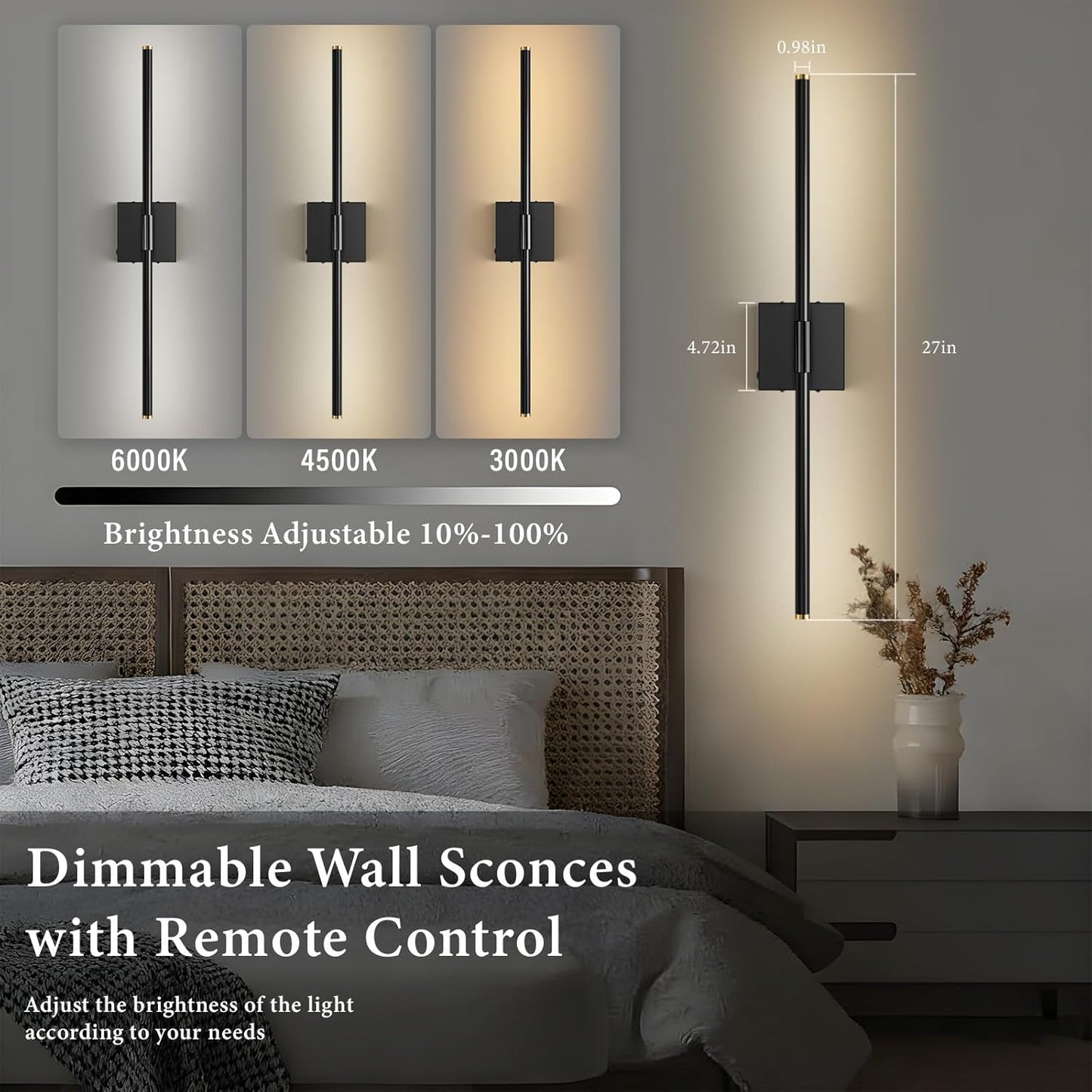 SAIMAND Wall Sconces Set of 2 Battery Operated, Wireless USB Rechargeable Wall Lights with Remote Control, 360° Rotation, 8000mAh LED Dimmable Picture Lamp for Living Room,Bedroom,Hallway (30in Black)