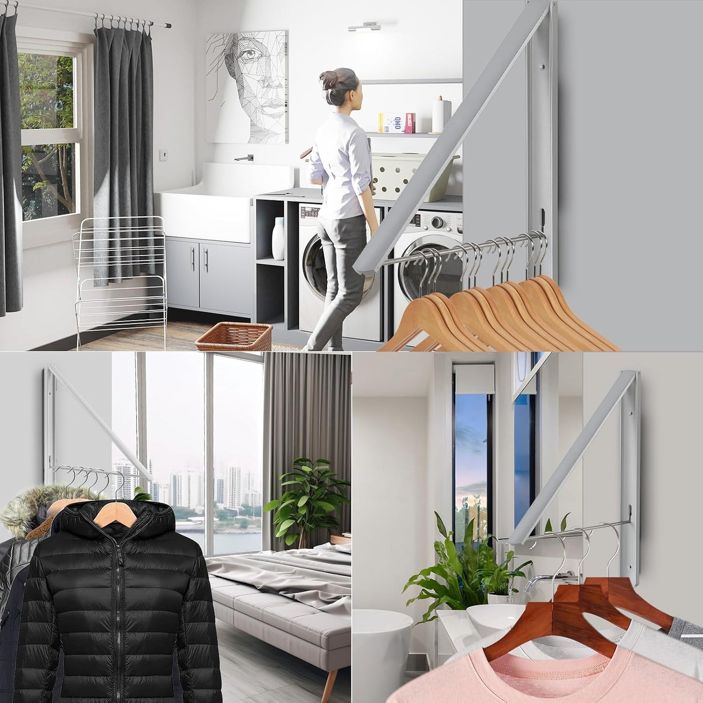 Foldable Clothes Drying Rack, Dark Gray | Wall Mounted, Retractable, 0.43'' Thickness, Space Saving, Aluminum