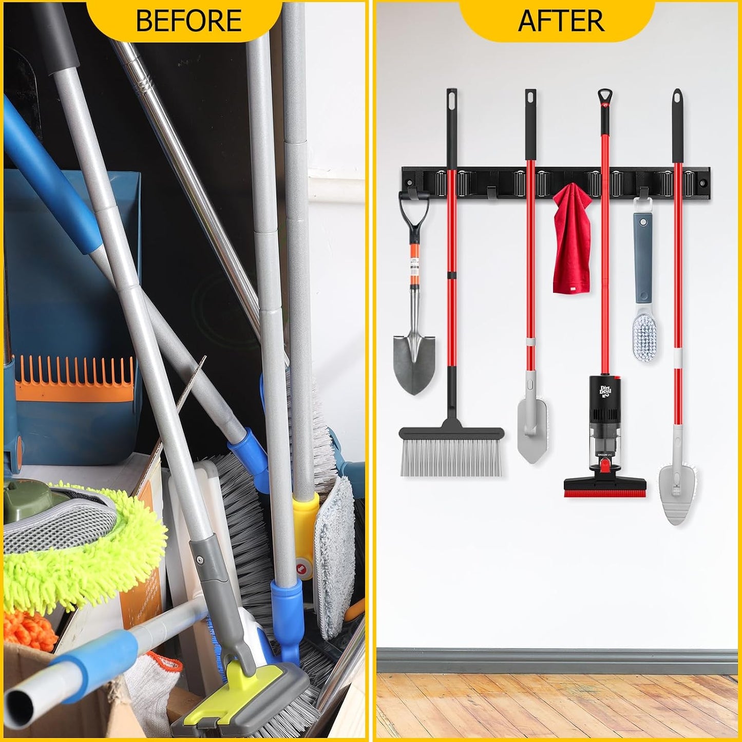 SLIIMU Movable 30'' Broom and Mop Holder Wall Mount with Sliding 7 Racks 8 Hooks, Storage Organizer Wall Hanger, Cleaning Tool Hanging Grippers for Kitchen Bathroom Garden Garage Laundry Home Closet