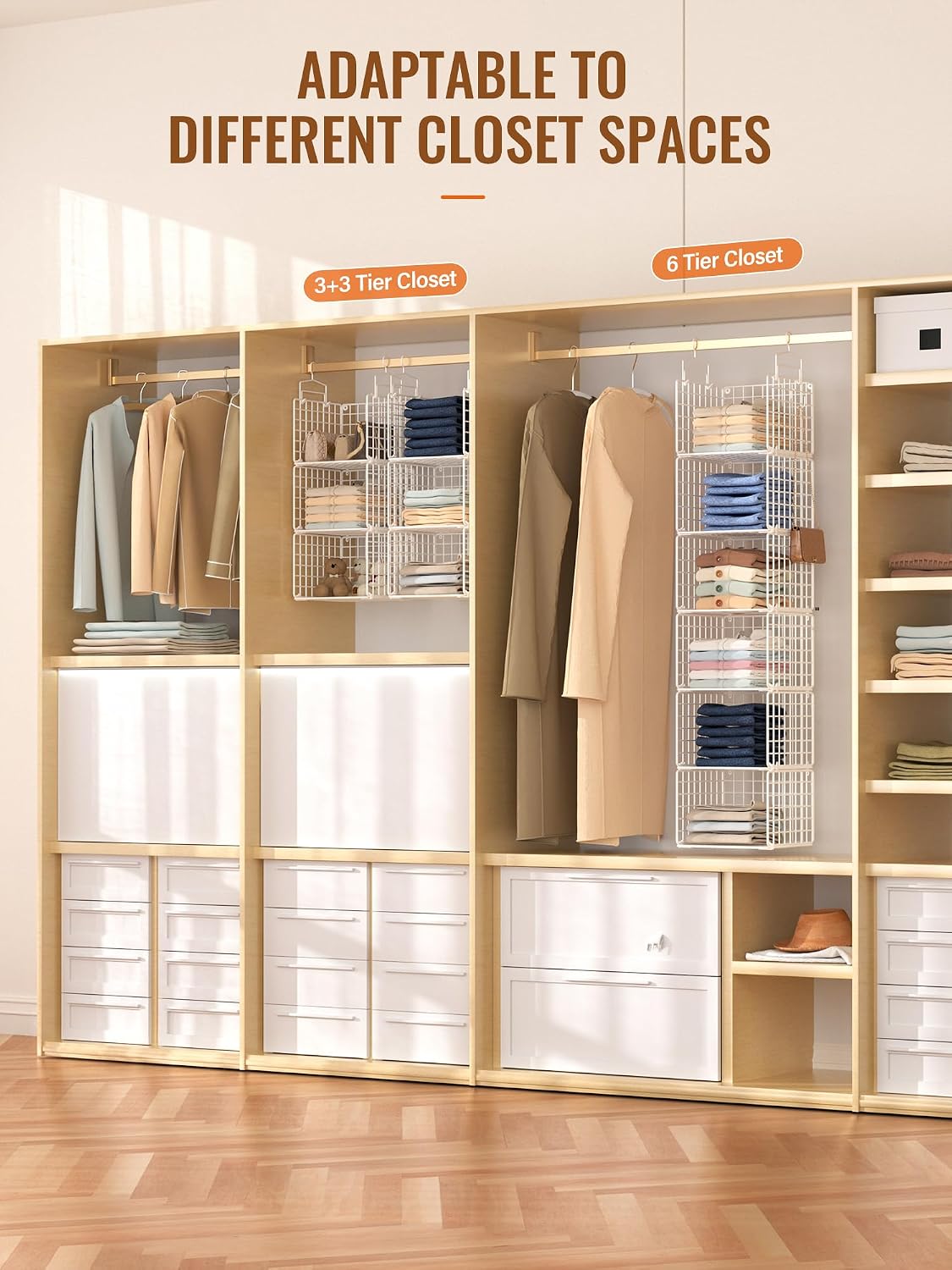 Hanging Closet Organizer, 4 Tier Metal Closet Organizers and Storage with 4 Hanging Hooks 4 S-Hooks for Wardrobe Laundry Room, Wire Storage Shelf for Clothes Sweaters Pants (White)