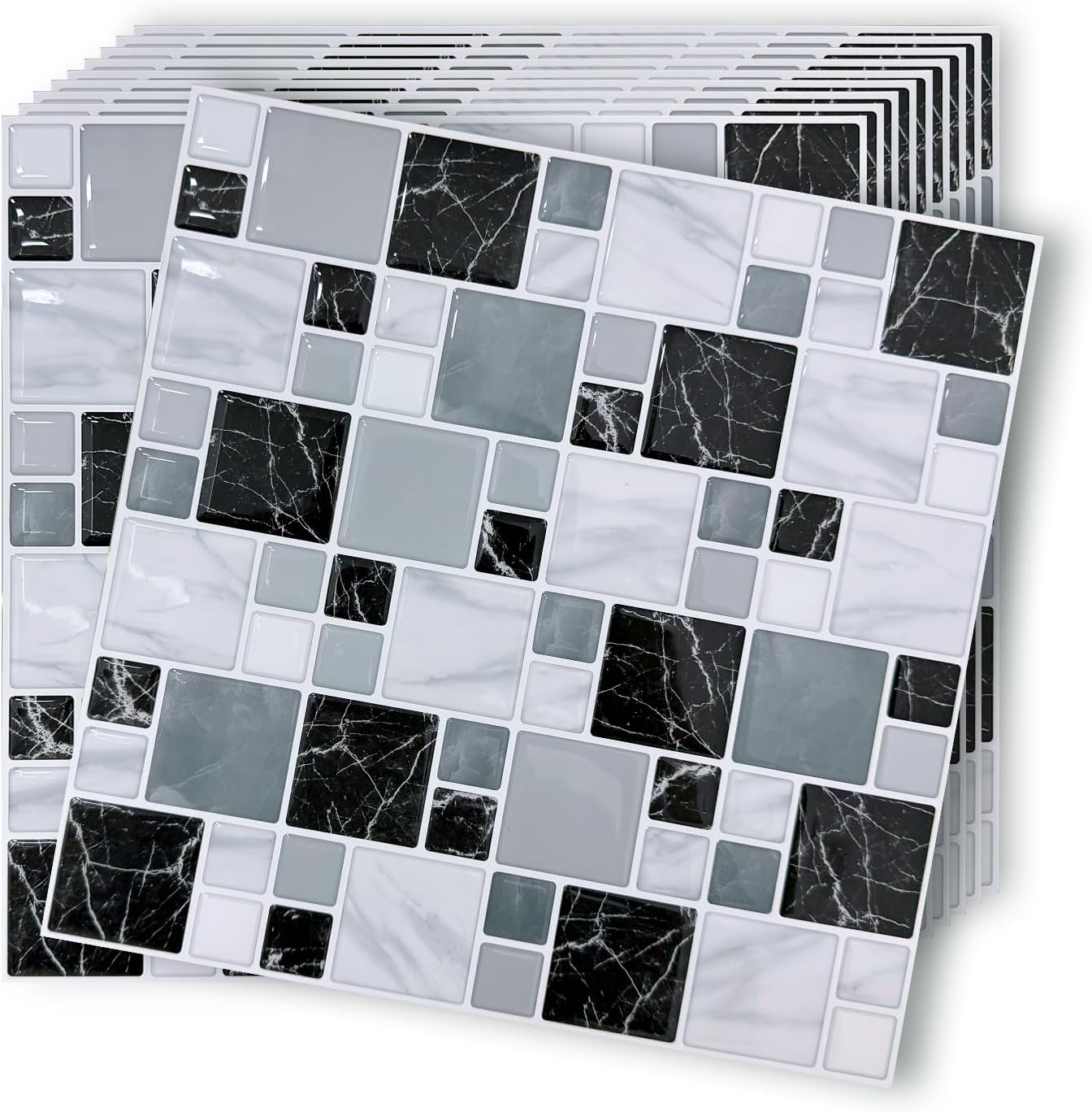10 Sheet Peel and Stick Backsplash Tile for Kitchen, 12” x 12” Self Adhesive Glossy Vinyl Wall Subway Tiles Waterproof No Residual for Bathroom Fireplace, White with Gray Grout
