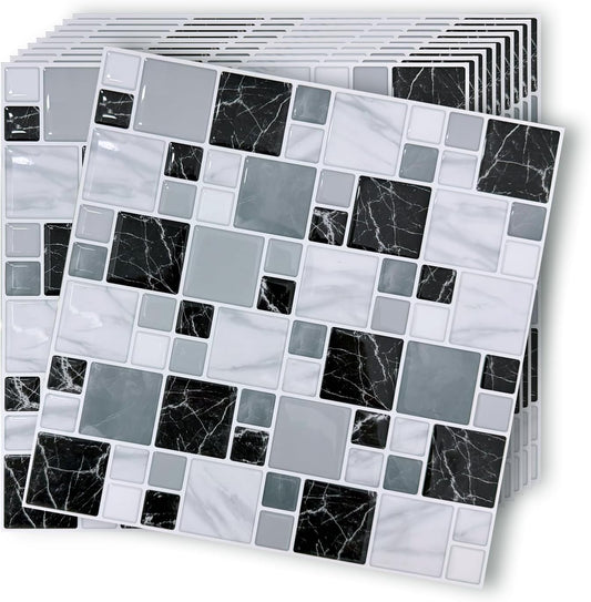 10 Sheet Peel and Stick Backsplash Tile for Kitchen, 12” x 12” Self Adhesive Glossy Vinyl Wall Subway Tiles Waterproof No Residual for Bathroom Fireplace, White with Gray Grout