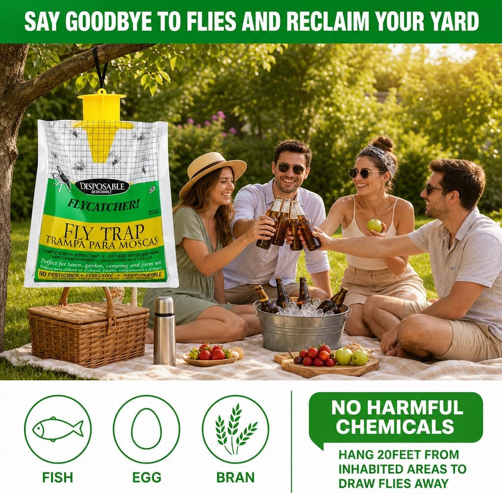 Fly Traps Outdoor Hanging, Natural Pre-Baited Bug Catcher Bags, Non-Toxic Flying Insect Killer for Outside Home, Patio, Trash Can, Horse Stables, Farm, Pastures, Backyard & Camping,4 Pack