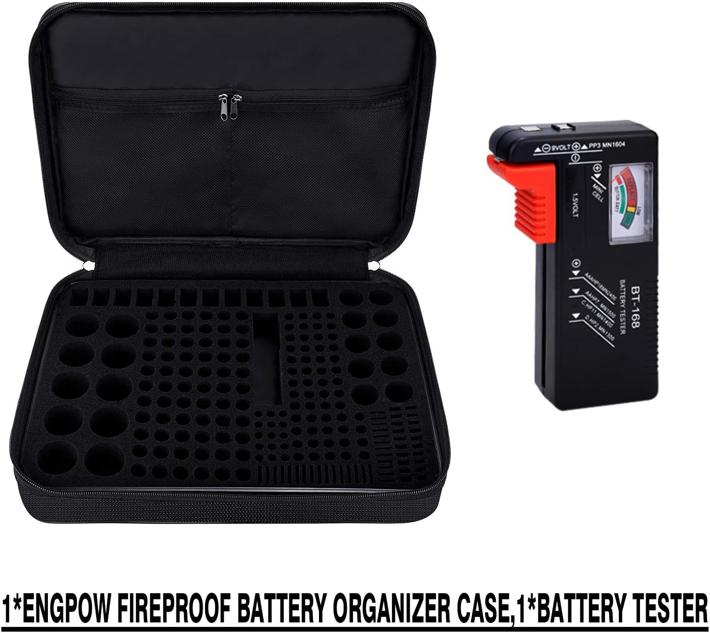 ENGPOW Battery Organizer, Fireproof Battery Organizer Storage Case with Tester (BT168),Water-Resistant Explosionproof Battery Holder Box with Cover and Zipper, Holds 220+ AA AAA C D 9V Batteries