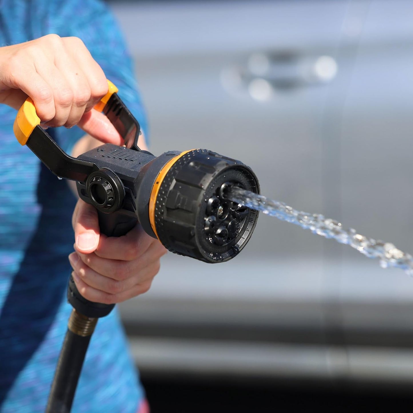 Melnor 65020-AMZ Metal Multi-Pattern Hose Nozzle with Rear Trigger Grip, 7 Spray Patterns, Heavy-Duty Metal Construction, Quick Connect Adapter, Black, Orange