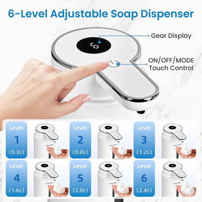 Automatic Foaming Soap Dispenser Touchless, 15oz/420ml USB-C Rechargeable Hand Soap Dispenser, 6-Level Adjustable Foam, IPX5 Waterproof, Wall Mount or Countertop for Bathroom Kitchen, Silver
